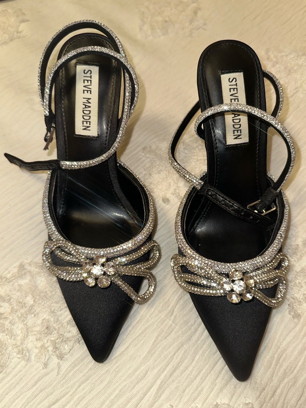 Steve Madden Black Satin Pointed Toe Heels with Crystal Bow Accents